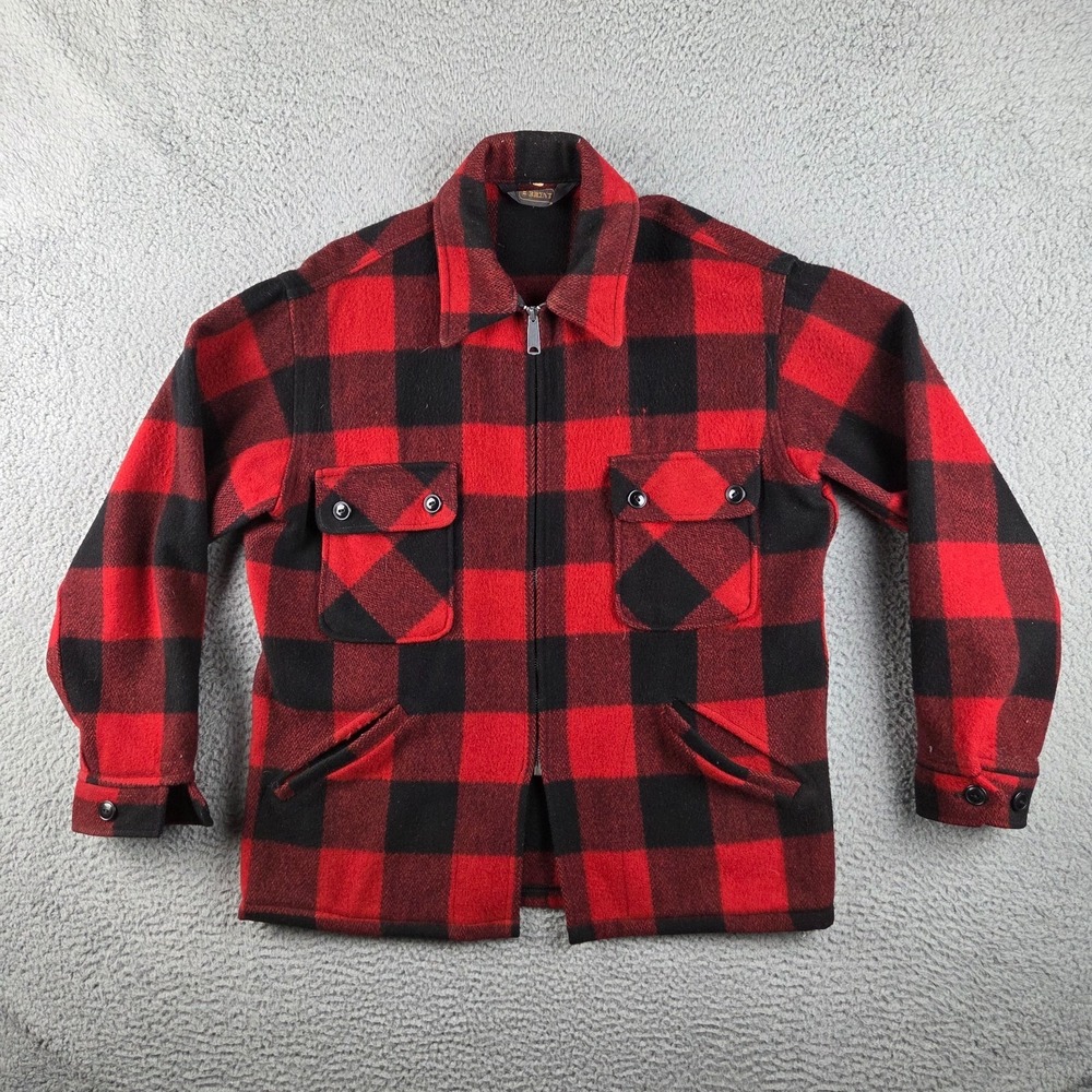 Vintage Brent Montgomery  Ward Jacket XL Red Black Wool Buffalo‎ Plaid 60s